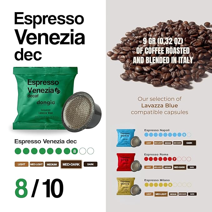 Dongiò Caffè Espresso Venezia (decaffeinated) - 40 Capsules compatible with Lavazza Blue/Black systems Medium-dark roast coffee (intensity 7/10) - Roasted and blended in Italy decaffeinated using na