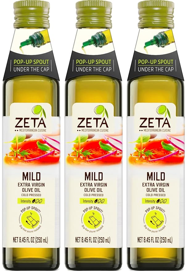 Zeta Extra Virgin Olive Oil 8.5 fl oz (3 Pack) | Premium Glass Bottle with Pop-Up Spout | Cold-Pressed | Product of Spain | Ideal for Baking Cooking Grilling Roasting Pasta &amp Salads