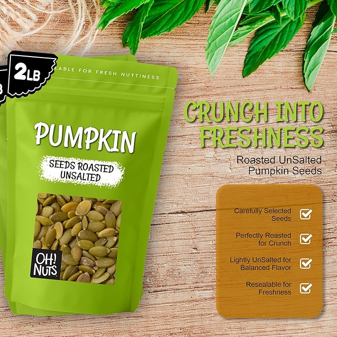 Oh! Nuts Pumpkin Seeds - Roasted Unsalted - 2 lb - No Shell Pepitas - Packed in New York Zip-Seal Bag for Exceptional Freshness