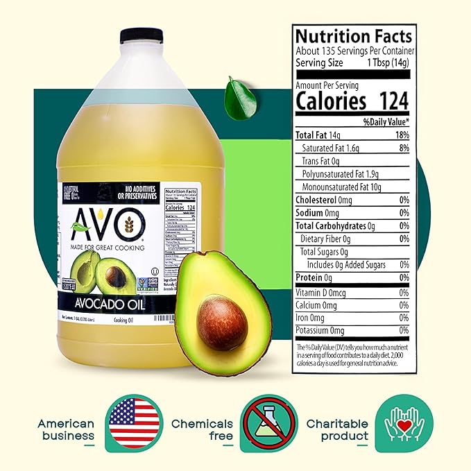 AVO Bulk Avocado Oil for Cooking 1 Gallon (128 fl oz) Non-GMO Certified No Preservatives High Smoke Point 500°F Neutral Flavor Gluten-Free Plant-Based OU Kosher