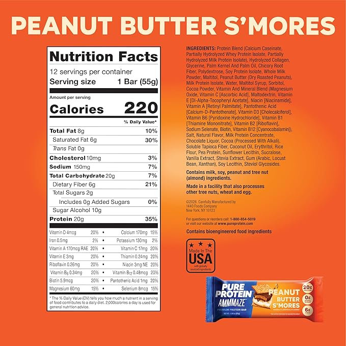Pure Protein AMMMAZE Peanut Butter S’mores Bars 20g Protein 6g Fiber 5g Net Carbs No Added Sugar High Protein Snack 12 Count – Meal Replacement Bar for On-the-Go