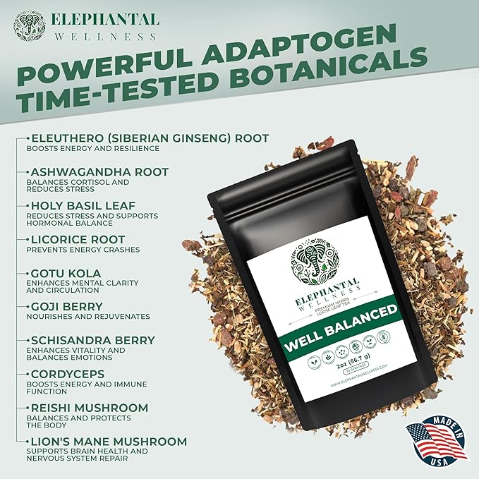 Elephantal Wellness Premium Well Balanced Herbal Tea | For Healthy Cortisol Adaptogenic Stress &amp Energy Support with Ashwagandha Reishi Eleuthero &amp Lion’s Mane | Handmade Caffeine-Free No