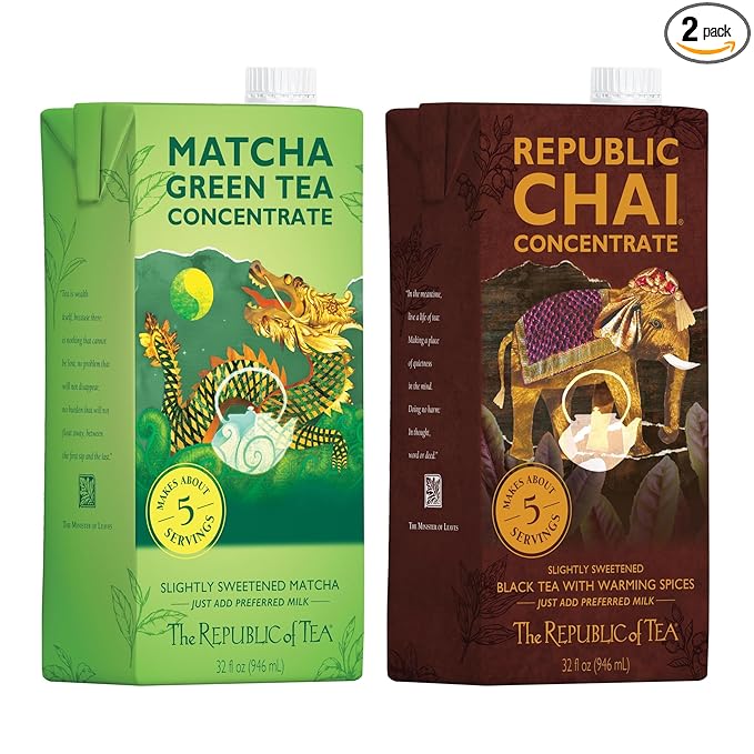 The Republic of Tea – Matcha Green Tea &amp Republic Chai Black Tea Concentrate Variety Pack 2 Cartons – 32 fl oz (5 Servings Each) Latte Mix Sampler Naturally Caffeinated Gluten Free