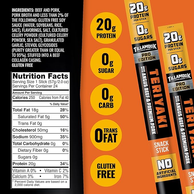 Tillamook Country Smoker PRO Edition Meat Sticks Zero Sugar Teriyaki 2 Oz (8 Sticks) Real Hardwood Smoked Sausages Angus Beef and Pork High Protein Individually Wrapped Keto Snack for Athletes