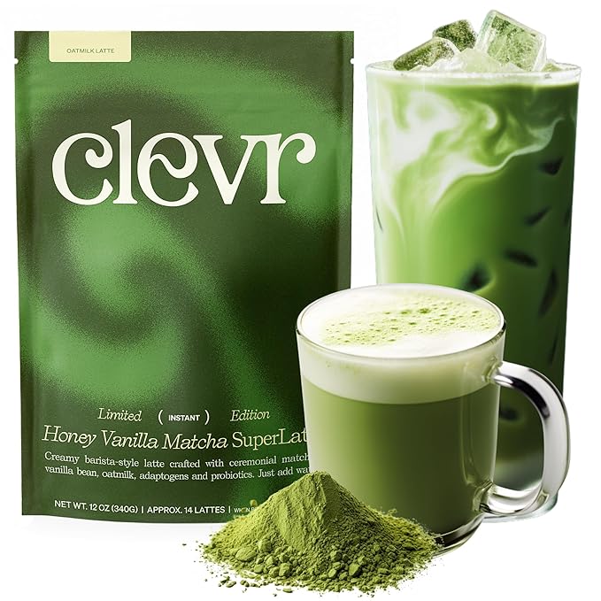 Clevr Honey Vanilla Matcha SuperLatte Instant Ceremonial Grade Superfood Powder Blend Oat Milk Lions Mane Reishi Mushroom Coconut Cream Ashwagandha Serve Hot or Iced (14 Lattes)