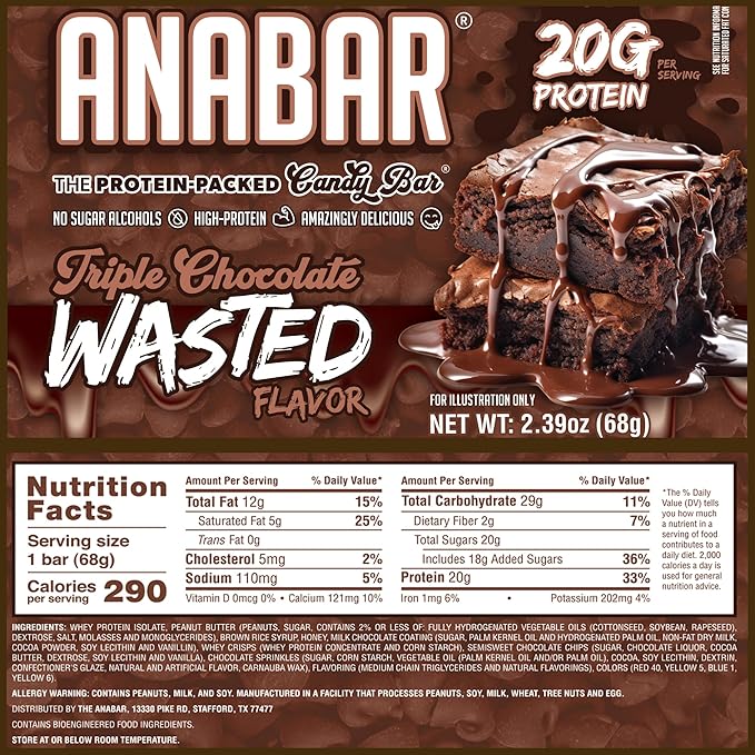 Anabar Protein Bar Triple Chocolate Wasted The Protein-Packed Candy Bar No Sugar Alcohols High Protein Amazingly Delicious 20 Grams of Protein (12 Bars Triple Chocolate Wasted)