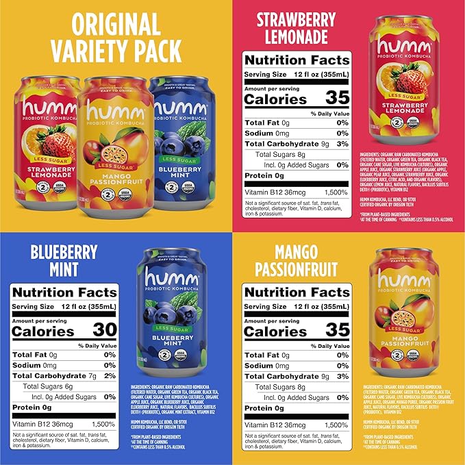 Humm Probiotic Kombucha The Original Variety 12 Pack Organic 2 Billion Probiotics for Gut Health Mango Passionfruit Blueberry Mint and Strawberry Lemonade