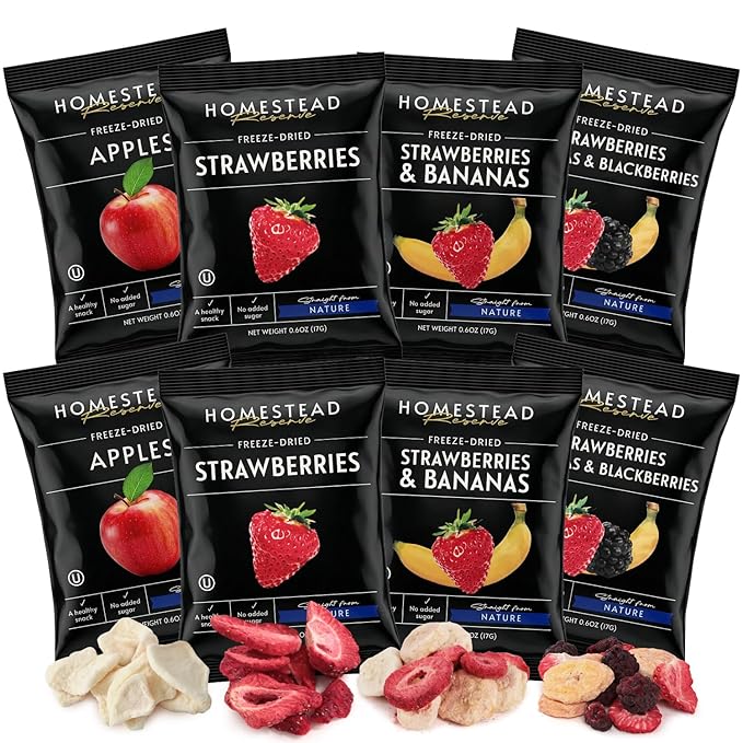 HOMESTEAD RESERVE Freeze Dried Fruit Snacks Pack of 8 (0.6oz Each) – Bulk Freeze-Dried Fruit for Home or Travel – Individual Snack Packs for Lunchboxes – Includes Apples Strawberries Blackberries &