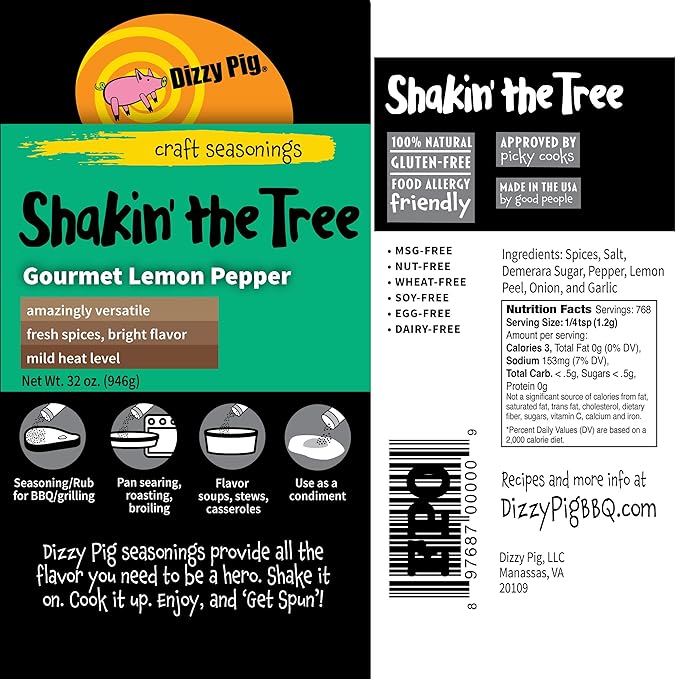 Dizzy Pig Shakin' the Tree Gourmet Lemon Pepper Seasoning Rub (Quart Shaker) - Seasons Around 120lbs of Food - Hand Made in the USA - MSG Free Gluten Free