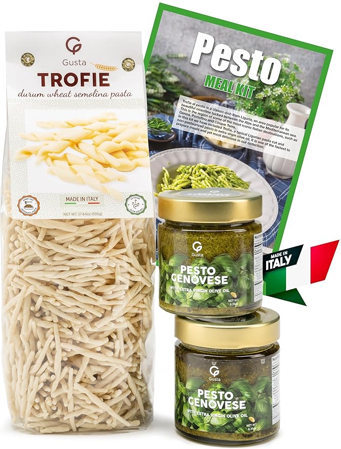 Gusta Trofie al Pesto Pasta Meal Kit - Made in Italy - Gourmet Italian Food Lovers - Italian Gift Basket Gourmet Pasta - Authentic Italian Recipe - Makes 5 Meals with Recipe Booklet