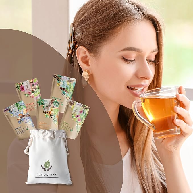 Gardenika Organic Loose Leaf Tea Sampler - Herbal Caffeine-Free Set - Ayurvedic Blend KSA Kosher No Natural or Artificial Flavors (5 Pack)