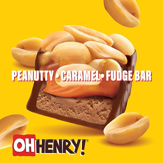 Oh Henry! Peanuty Caramel Fudge Bar Full Size Individually Wrapped Candy Bars 1.5oz each Bulk 24 Pack