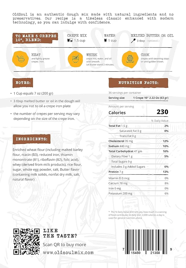 OldSoul Professional Crepe Mix | Dough Mix | Vanilla Flavour | 30 Lbs | 216 Crepes (30 Lbs Traditional)