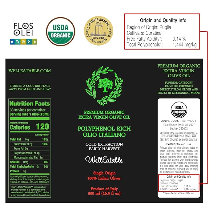 WellEatable Robust +1200 mg/kg Polyphenol Rich Olio Italiano 2024/25 Early Harvest Organic Extra Virgin Olive Oil from Italy Lab Tested Cold Extracted for Drinking and Finishing 16.9 fl oz