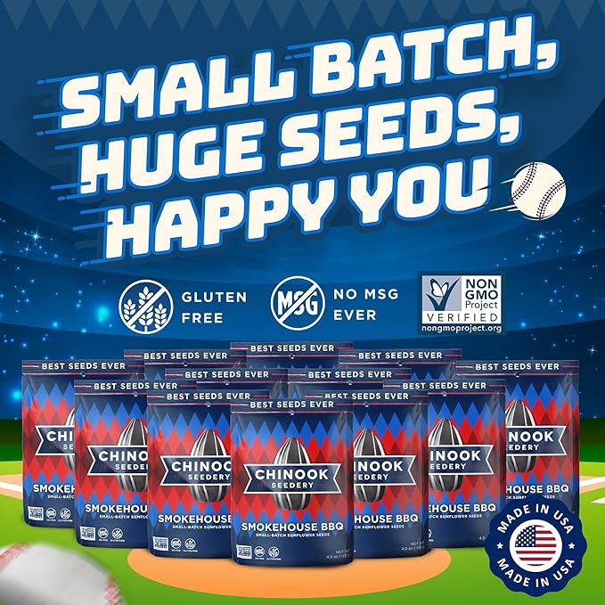 Chinook Seedery Sunflower Seeds to Eat — Jumbo Flavored Roasted Low Sodium Snacks — Keto Friendly Gluten-Free Non-GMO — Smokehouse BBQ Flavor 4 oz (12-Pack)