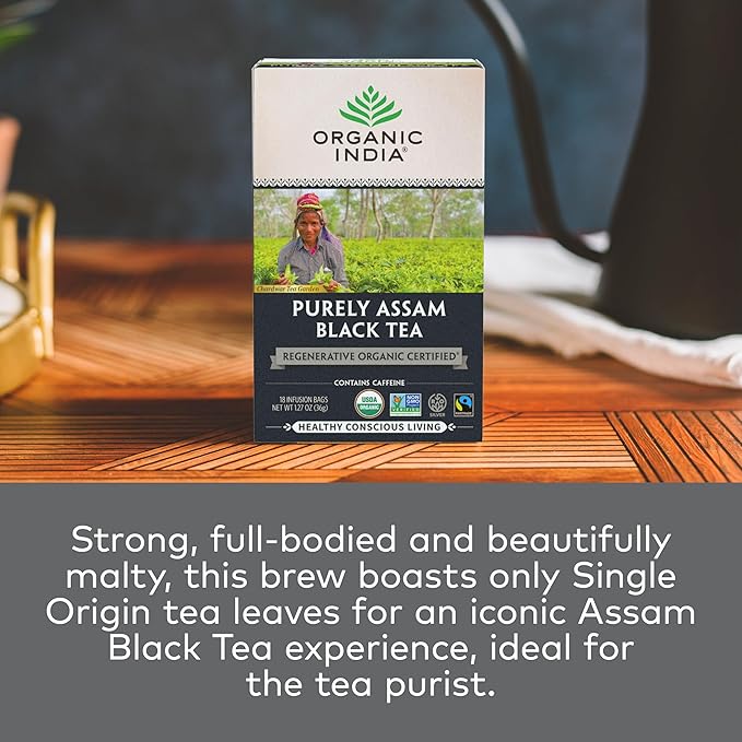 Organic India Purely Assam Black Tea - Caffeinated Herbal Tea Bags with Natural Assam Leaves Enjoy with Milk &amp Sweetener USDA Organic Non-GMO Fairtrade Certified - 18 Bags (Pack of 6)