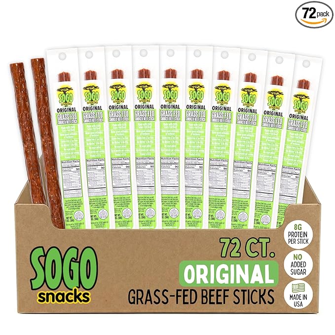 Original Sogo Snacks No Sugar 100% Grass-fed &amp Grass-finished Non-GMO Beef Sticks. No Added Nitrates Gluten Soy MSG Dairy Nuts. Keto Whole Paleo Friendly (Original 1-oz 72 Count)