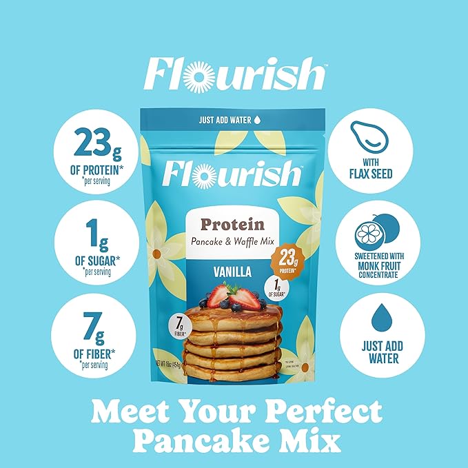 Flourish Protein Pancake &amp Waffle Mix with Whey Protein &amp Flax Seed No Added Sugar High in Protein &amp Fiber - Just Add Water - Vanilla Flavour 430g (3 Pack) - Made in Canada