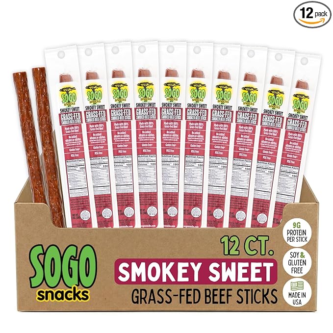 Sogo Snacks Smokey Sweet 100% Grass Fed Beef Sticks Non-GMO No Nitrates Gluten Free Soy Free and Dairy Free No Nuts or MSG Paleo &amp Keto Snack 12 Count