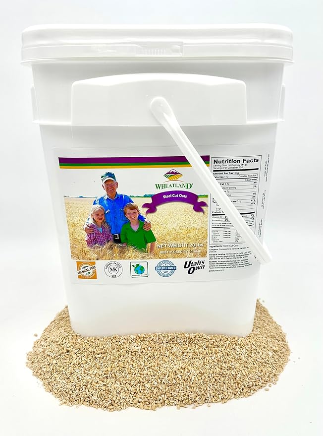 Wheatland Steel Cut Oats 20lb Bucket Lab Tested Chemical Free 4 Gallon HDPE Bucket with Mylar Liner &amp Oxygen Absorber 15 Year Shelf Life USA Grown NON GMO Kosher Farm Fresh Flavor 40 Year