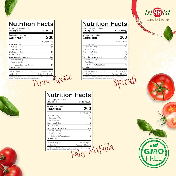 isiBisi Gluten-Free Pasta Sampler 3-Pack - Penne Baby Mafalda Spirali Noodles - Non GMO Vegan Made in Italy