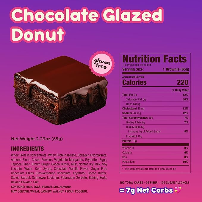 Prime Bites High Protein Brownie (12 Per Box Chocolate Glazed Donut) - 19g of Protein 5g of Collagen Gluten Free Low Sugar Treat Delicious Protein Snack
