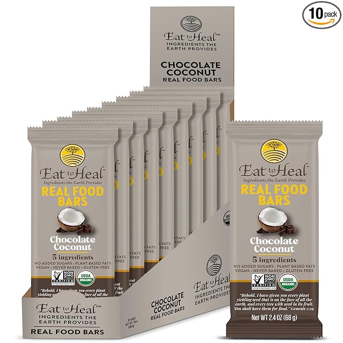 EatToHeal Chocolate Coconut Real Food Bar - Organic Vegan Healthy Gluten Free Protein Bars - Low Sugar Meal Replacement Bar Non GMO Never Baked Plant Based - Crafted to Enjoy Not Sit on Shelves