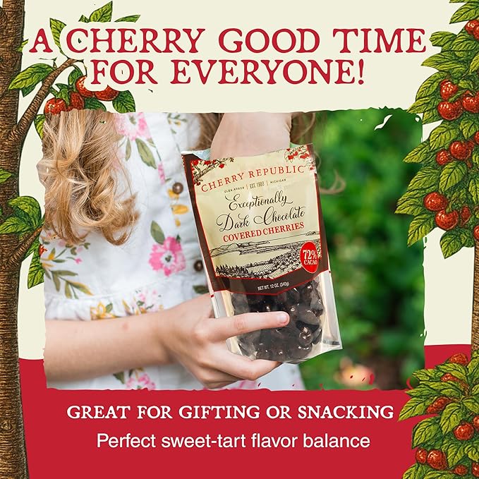 Cherry Republic Exceptionally Dark Chocolate Covered Cherries 12 oz - Real Michigan Montmorency Tart Cherries with 72% Cacao All-Natural Sweet-Tart Cherry Candy Gourmet Snack or Gift Made in USA