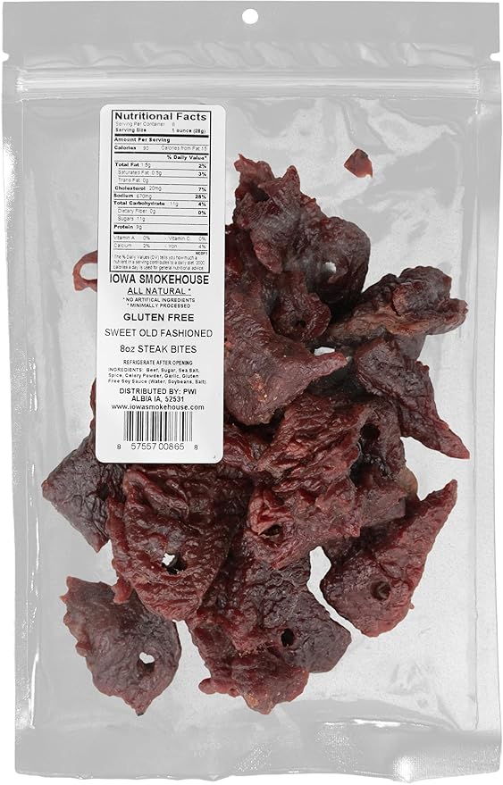 IOWA SMOKEHOUSE Steak Bites Sweet Old Fashioned - Tender Nugget Meat Snack - All Natural &amp Gluten Free - 9g of Protein All USA Beef - 8 Oz (resealable bag)