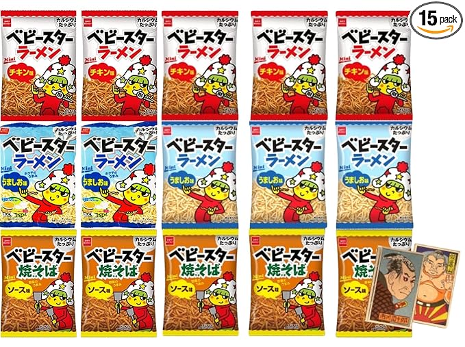 Beatcraft™ Baby Star Ramen Fried Noodle Snack + Japanese Toy Happy Set (15 Packs 3 Flavor Mix: Chicken Yakisoba Sauce Light Salt Jumbo Size)