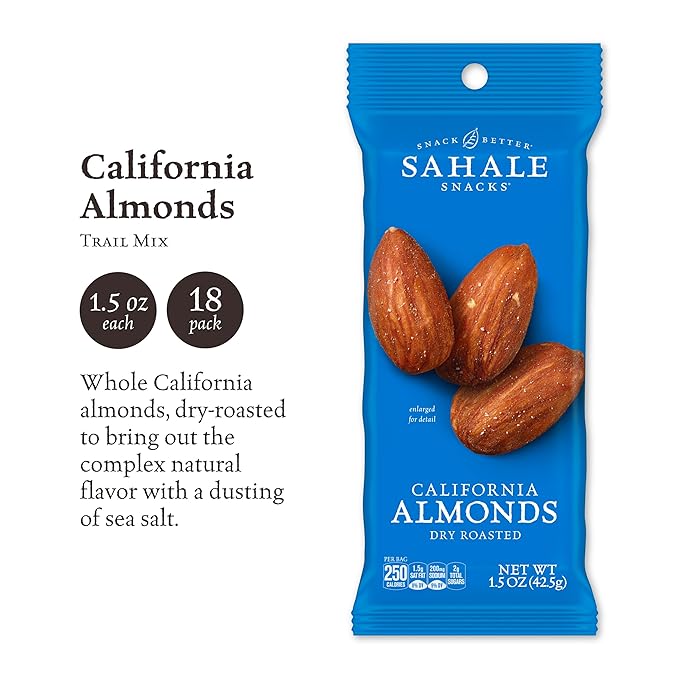 Sahale Snacks California Dry Roasted Almonds 1.5 oz Grab &amp Go Bags (18 Packs) - Dry-Roasted Almonds with a Touch of Sea Salt - Non-GMO Kosher &amp Certified Gluten-Free Snacks