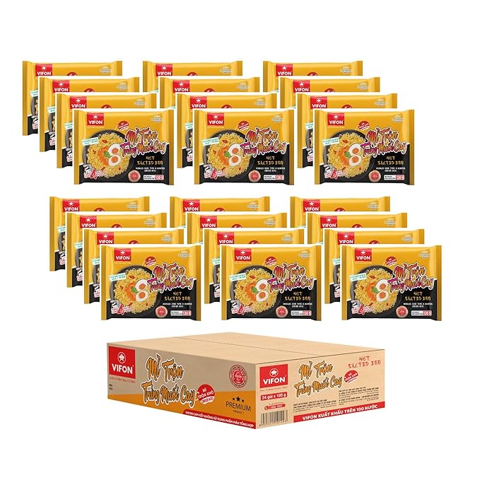 VIFON Mixed Salted Egg Instant Noodles Hot Flavor (Mì Trộn Trứng Muối Cay) 24-Pack (4.6 oz / 105 g each) | Dried Mix | Vietnamese Premium Noodles | Ready in 4 Minutes
