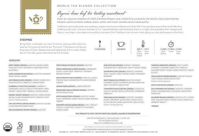 Teabloom Exceptional Organic &amp Kosher Certified Loose Leaf Tea Chest World's Largest Tea Collection with 24 Varieties of Black Green White Oolong and Herbal Teas