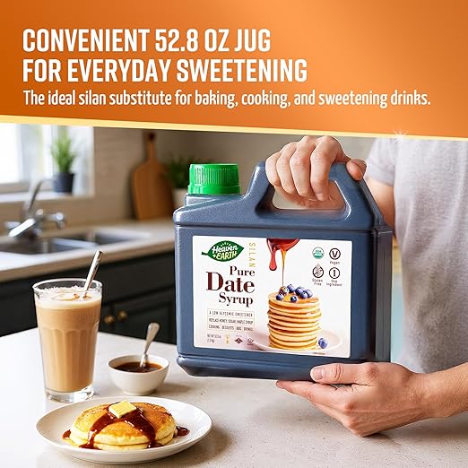 Heaven &amp Earth 100% Organic Date Syrup Silan 52.8oz (2 Pack = 6.6lb) | 1 Ingredient | Natural Honey Alternative | Low Glycemic Index Sugar Replacement | Date Honey | Kosher - Including Passover