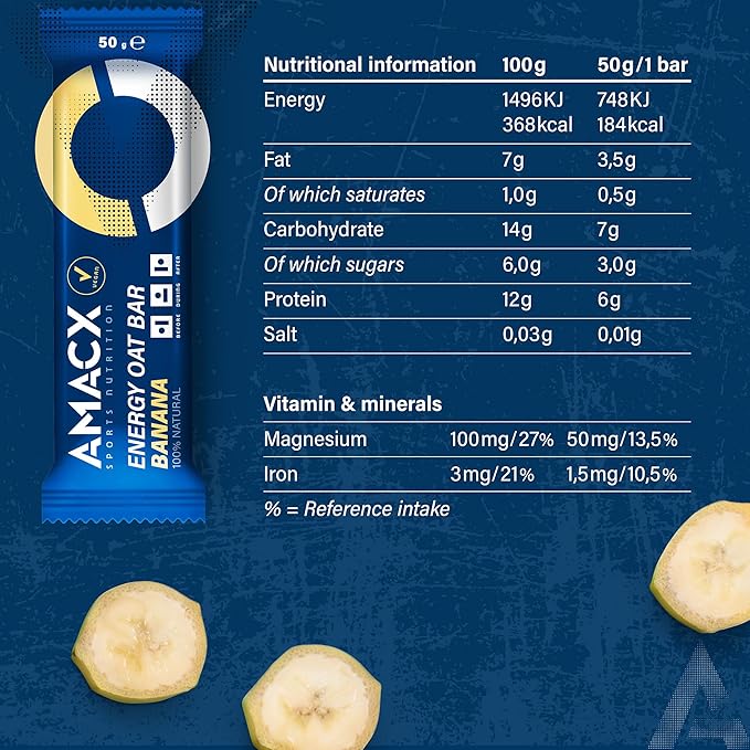 AMACX Energy Oat Bar for Endurance Sports – 12 x 50g – Energy Bars Carbohydrate mix (31g) – Vegan Protein Bar with 50mg magnesium – Running &amp Hiking Snacks – Healthy Oatmeal Power Bars - Banana