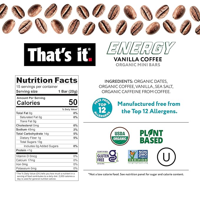 That's it. Organic Energy Coffee Mini Bars-Vanilla Coffee ( 1 Mini Bar = 1 Cup of Coffee ) Grab and GoNo Added SugarsNon-GMOCaffeine Power SnackKosherAllergy Friendly (Vanilla Coffee-15 Pack)