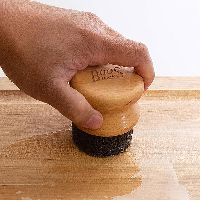 John Boos Oil &amp Cream Round Applicator for Wood Cutting Boards Butcher Blocks &amp Utensils Beechwood - Solid Hardwood Handle Silver Ion-Treated Sponge Storage Cap Easy and Even Application