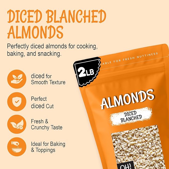 Oh! Nuts Almonds Diced Blanched - Raw - 100% Natural - 2 lb - High-Protein Diced Almonds - Packed in New York Zip-Seal Bag for Exceptional Freshness