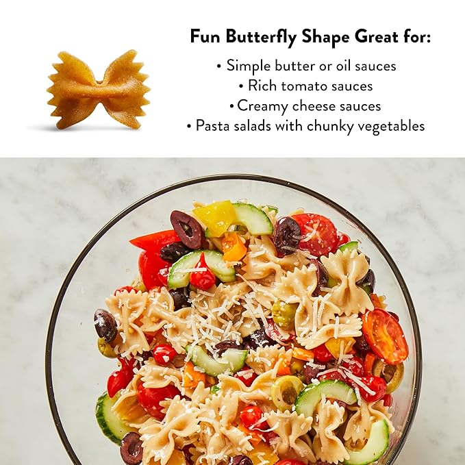 DeLallo Whole Wheat Farfalle Bowtie Pasta 1 Pound Bag 7 Pack Butterfly Shape Noodles 100% Organic Imported from Italy Made with Whole Durum Wheat Flour