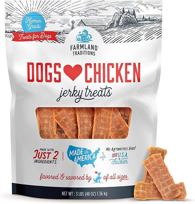Farmland Traditions Dogs Love Chicken Jerky Dog Treats Premium Two-Ingredient Dog Jerky with USA-Raised Human-Grade Chicken &amp No Antibiotics Ever 3 Pound (Pack of 1) Bag.