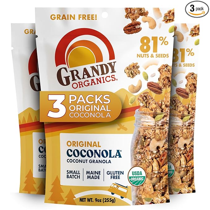 Grandy Organics Original Coconola Granola Certified Organic Gluten Free Granola Grain Free Vegan and Paleo Original Flavor Coconola 9oz Each Pack of 3