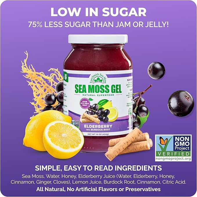 Wildcrafted Irish Sea Moss Gel | Made in USA | Rich in Vitamins &amp Minerals | Sea Moss Gel Raw | Nutritional Supplement | Elderberry (16 oz)