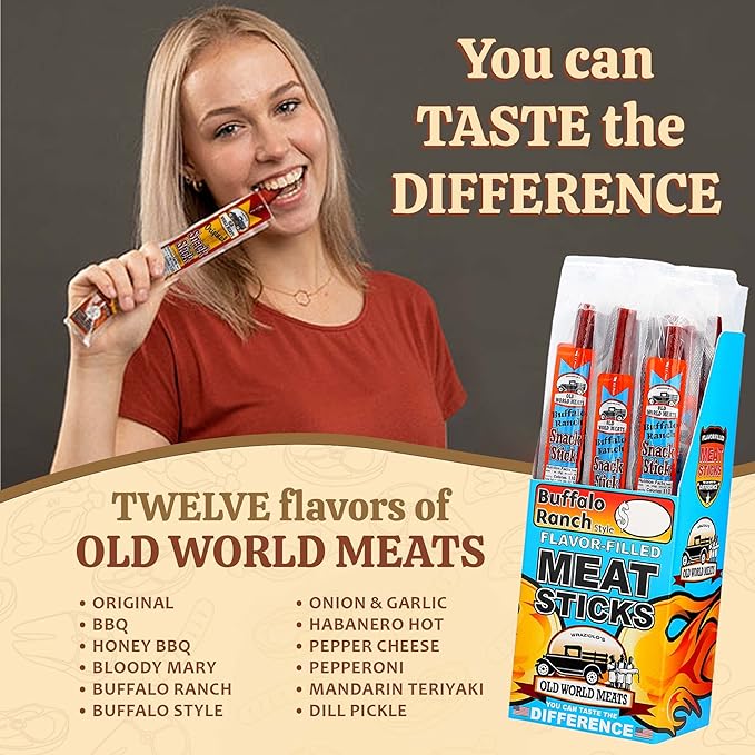 Old World Meats Meat Sticks 110 Calories Keto Low Carb 1g Sugar Fuelings 20 Pack 1 ounce sticks (Buffalo Wings &amp Ranch)