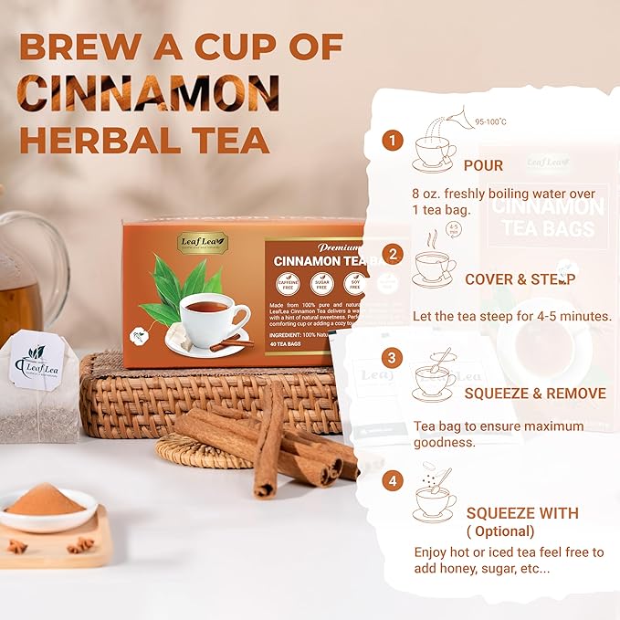 LeafLea Cinnamon Tea Bags 80 Count (2-Pack) 100% Natural Ground Cinnamon Stick Herbal Tea Spiced and Warming Flavor for Relaxation Caffeine-Free Sugar-Free Vegan