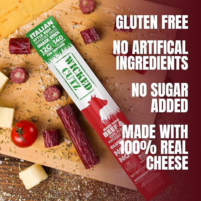 Italian Beef &amp Cheese Sticks 12g Protein Per Beef Stick Tender &amp Juicy Meat Stick with Real Pepper Jack Cheese USA Made High Protein Meat Sticks Carnivore Snacks (12 Pack)