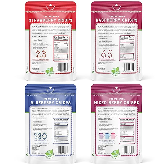 Nature’s Turn Freeze-Dried Fruit Crisps –Healthy Gluten-FreeCrispy &amp Delicious Plant-Based SnackIdeal for Cereal Smoothies School Lunches &amp On-the-Go Very Berry Variety Bags of 4 (1.2