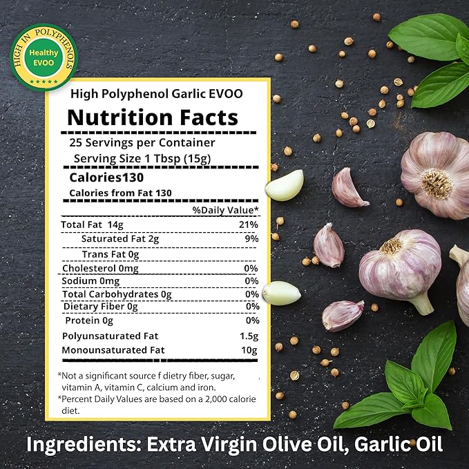 M.G. PAPPAS High Polyphenol Rich Garlic Infused Olive Oil - Extra Virgin Olive Oil - Over 500mg/kg - Cold Pressed &amp Unfiltered - High Hydroxytyrosol Greek Olive Oil - Award Winning