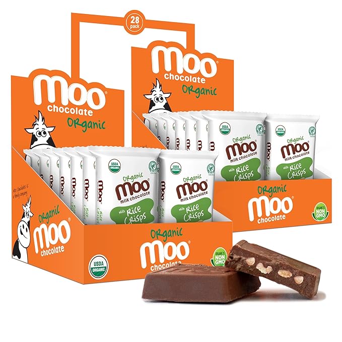 Moo Chocolates Organic Milk Chocolate Mini Bars with Rice Crisps 0.7oz 28 ct (Pack of 2) | USDA Organic Non-GMO | 100 Calorie Snacks for On-the-Go Lunchboxes Office