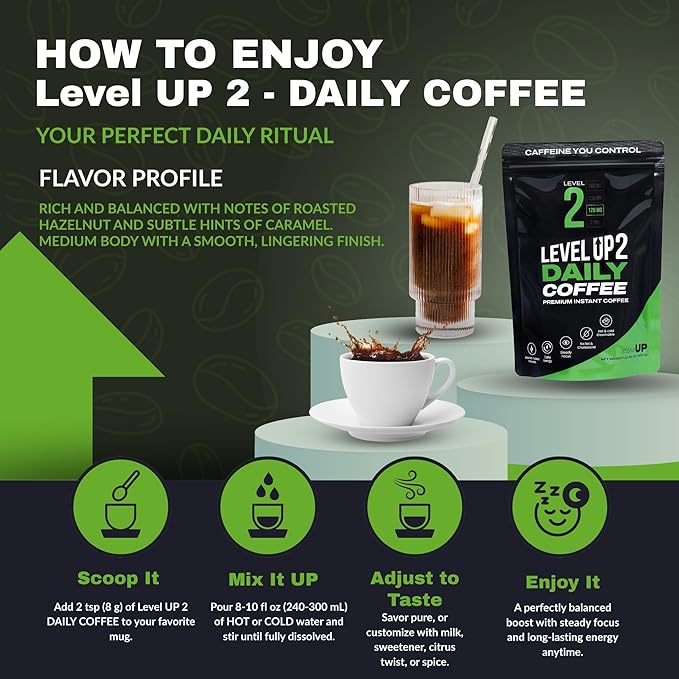 Level Up Premium Decaf Instant Coffee Sugar Free 30 Servings 10.58 oz (L2 - DAILY 120MG)