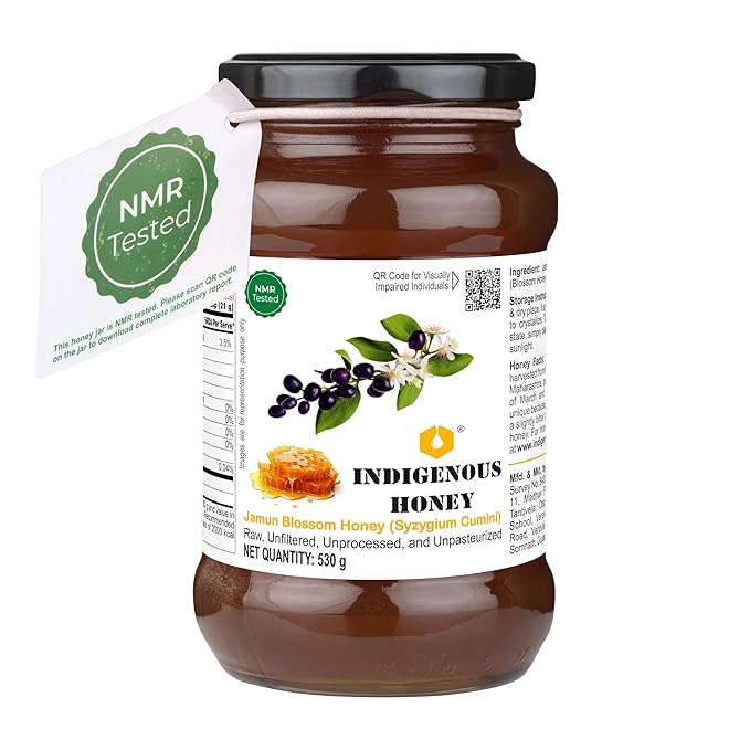 INDIGENOUS HONEY Jamun Honey Raw Organic Natural Pure Unprocessed NMR Tested Unpasteurized Unheated 530g Glass Jar Pack of 1